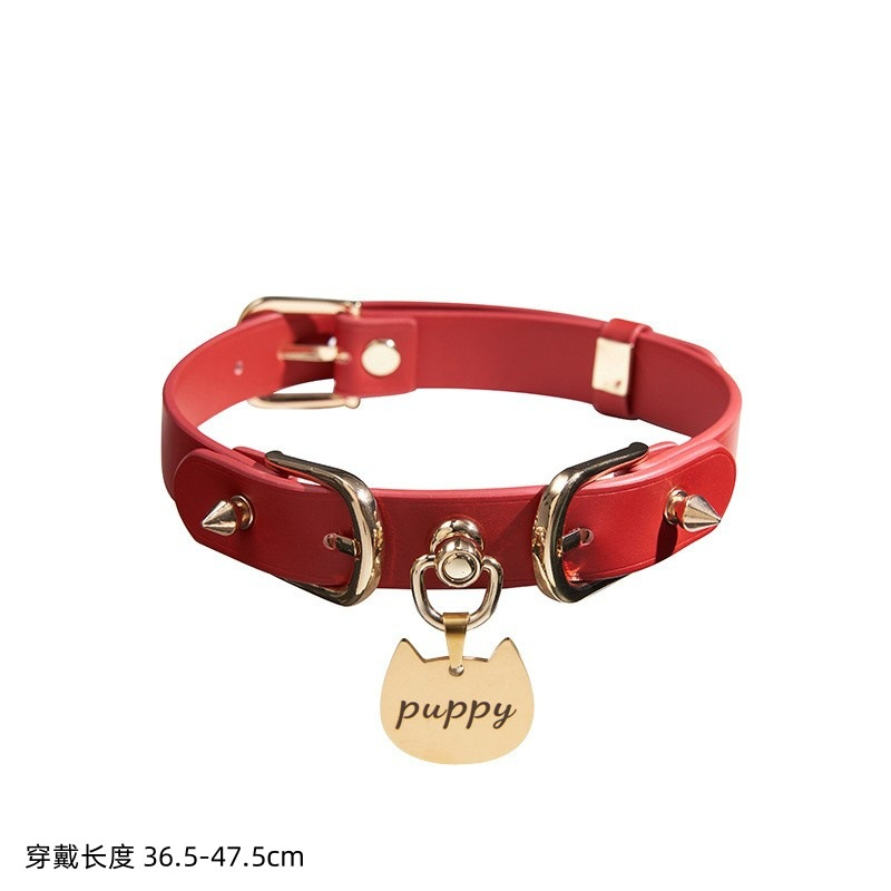 TB-S063 Genuine Leather Punk Cat Print Choker with Matching Leash
